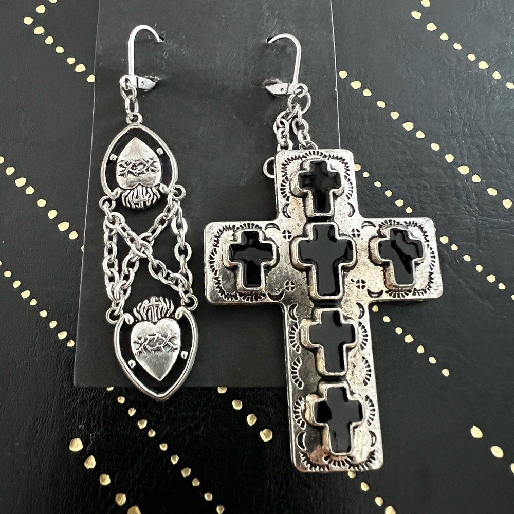 New Mismatched Earring Set Catholic Themed Cross Heart Sterling Silver Hook